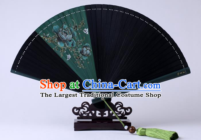 Traditional Chinese Printing Flowers Deep Green Folding Fan China Bamboo Fan Oriental Fan