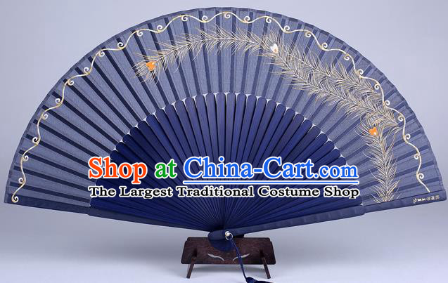 Traditional Chinese Handmade Printing Phoenix Tail Blue Silk Folding Fan China Bamboo Fan Oriental Fan