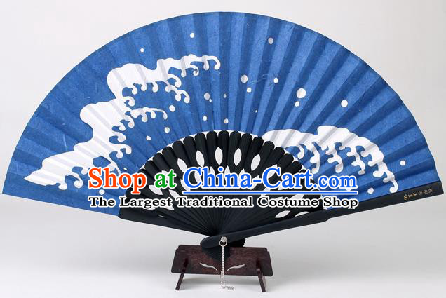 Traditional Chinese Handmade Printing Wave Blue Silk Folding Fan China Accordion Fan Oriental Fan