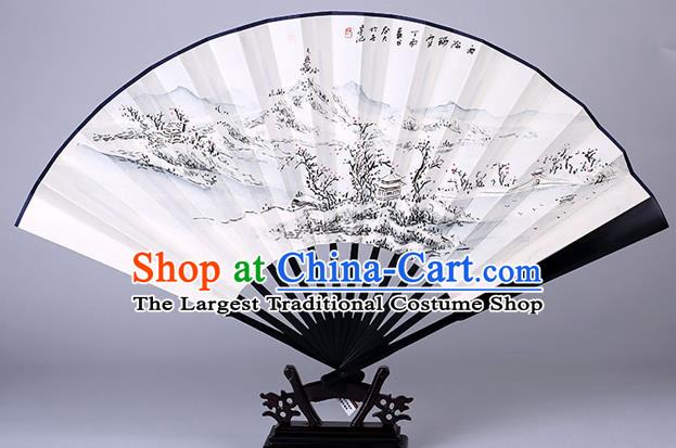 Traditional Chinese Handmade Painting Autumn Moon on Calm Lake Paper Folding Fan China Wood Accordion Fan Oriental Fan