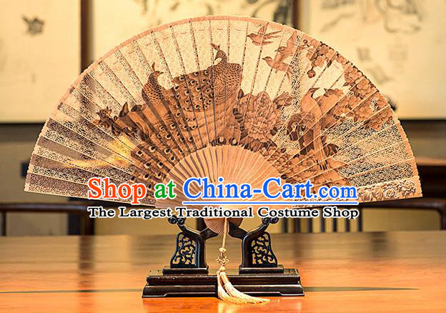 Traditional Chinese Hand Carving Peacock Sandalwood Fan China Accordion Folding Fan Oriental Fan