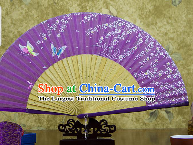 Traditional Chinese Printing Butterfly Purple Silk Fan China Bamboo Accordion Folding Fan Oriental Fan