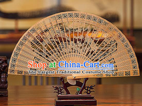 Traditional Chinese Hand Carving Crane Pine Sandalwood Fan China Wood Accordion Folding Fan Oriental Fan