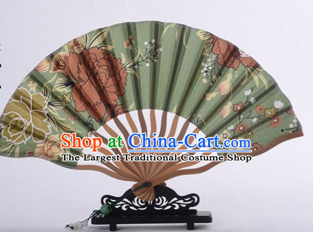 Traditional Chinese Printing Peony Orchid Green Silk Fan China Bamboo Accordion Folding Fan Oriental Fan