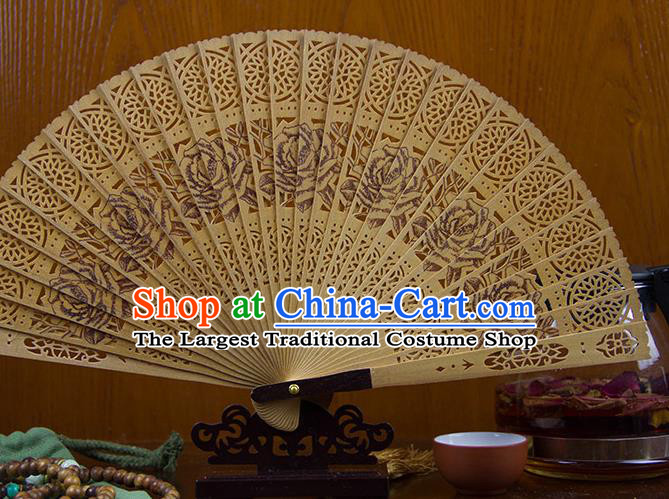 Traditional Chinese Hand Painting Roses Sandalwood Fan China Accordion Folding Fan Oriental Fan