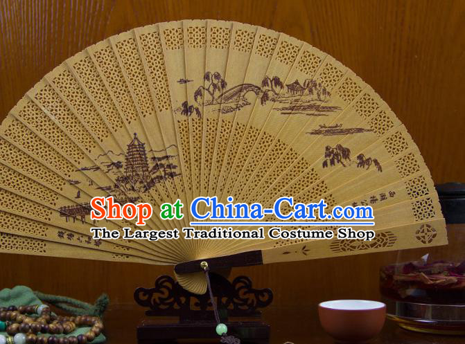 Traditional Chinese Hand Painting West Lake Scenery Sandalwood Fan China Accordion Folding Fan Oriental Fan