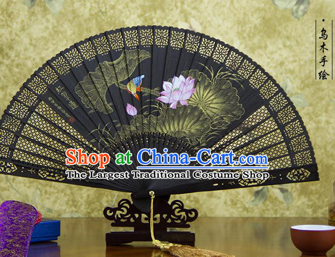 Traditional Chinese Hand Painting Pink Lotus Ebony Fan China Accordion Folding Fan Oriental Fan