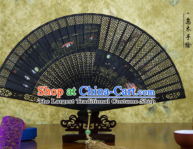 Traditional Chinese Hand Painting Landscape Ebony Fan China Accordion Folding Fan Oriental Fan