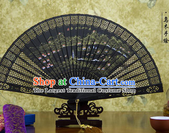 Traditional Chinese Hand Painting West Lake Landscape Ebony Fan China Accordion Folding Fan Oriental Fan