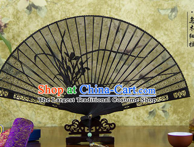 Traditional Chinese Hand Painting Orchid Ebony Fan China Accordion Folding Fan Oriental Fan