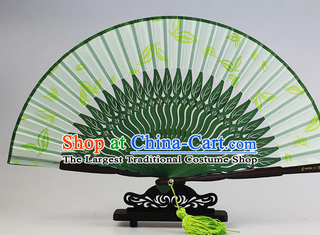 Traditional Chinese Printing Leaf Green Silk Fan China Bamboo Accordion Folding Fan Oriental Fan