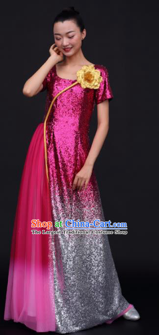 Chinese Traditional Opening Dance Chorus Rosy Sequins Dress China Modern Dance Stage Performance Costume for Women