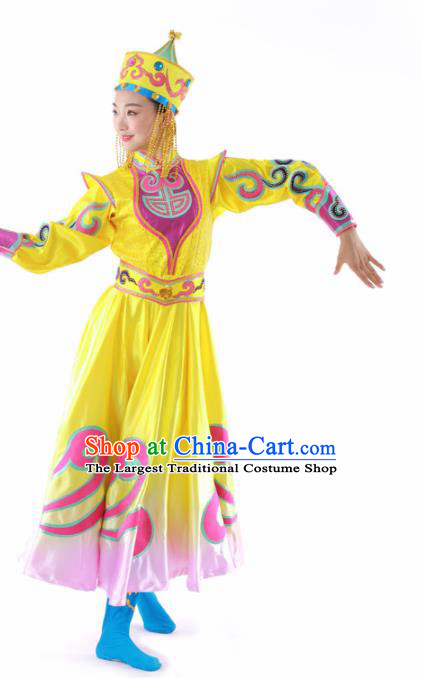 Chinese Mongolian Ethnic Dance Yellow Dress Traditional Mongol Nationality Stage Performance Costume for Women