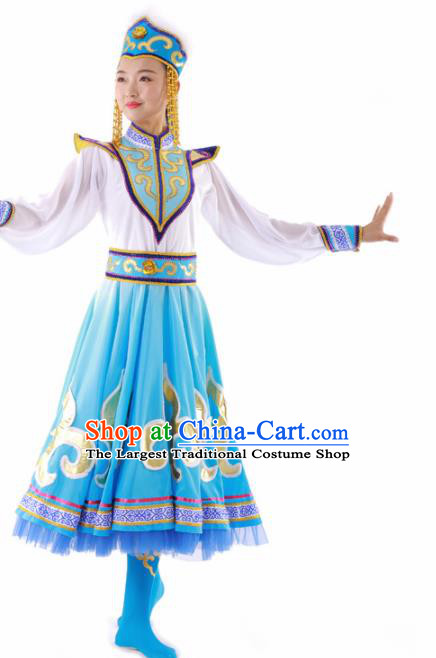 Chinese Mongolian Ethnic Dance Blue Dress Traditional Mongol Nationality Stage Performance Costume for Women