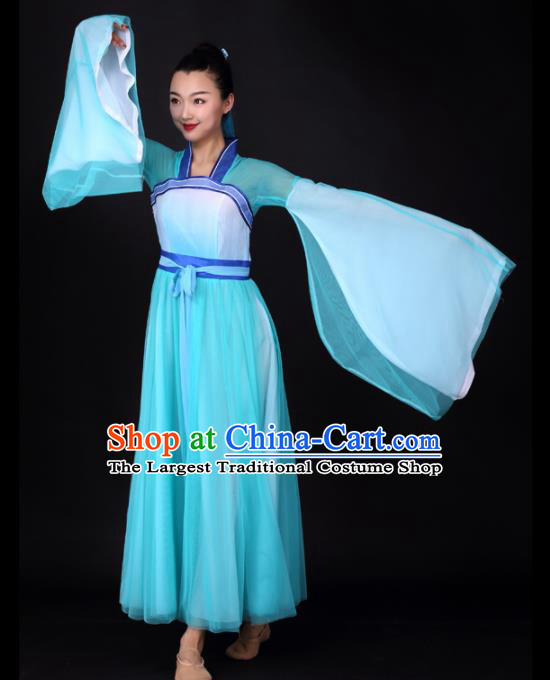 Chinese Traditional Classical Dance Blue Veil Dress Umbrella Dance Stage Performance Costume for Women