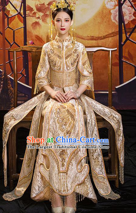 Chinese Traditional Embroidered Golden Xiuhe Suits Wedding Dress Ancient Bride Costume for Women