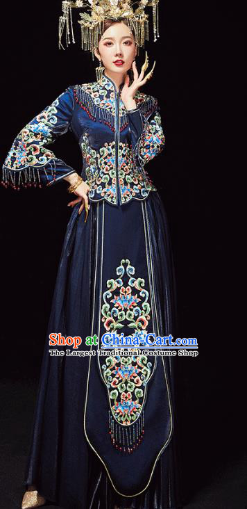 Chinese Traditional Embroidered Navy Xiuhe Suits Wedding Dress Ancient Bride Costume for Women