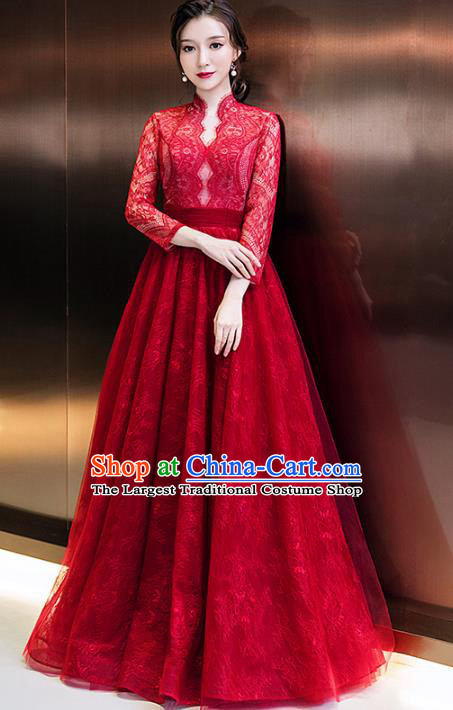 Professional Modern Dance Red Lace Full Dress Compere Stage Performance Costume for Women