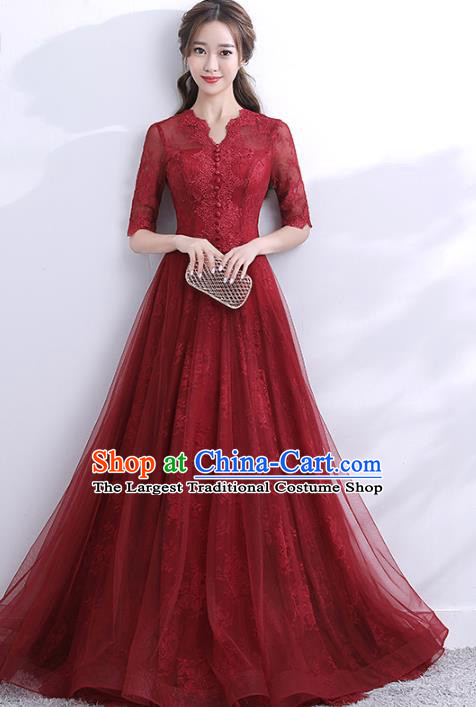 Professional Modern Dance Bride Wine Red Full Dress Compere Stage Performance Costume for Women