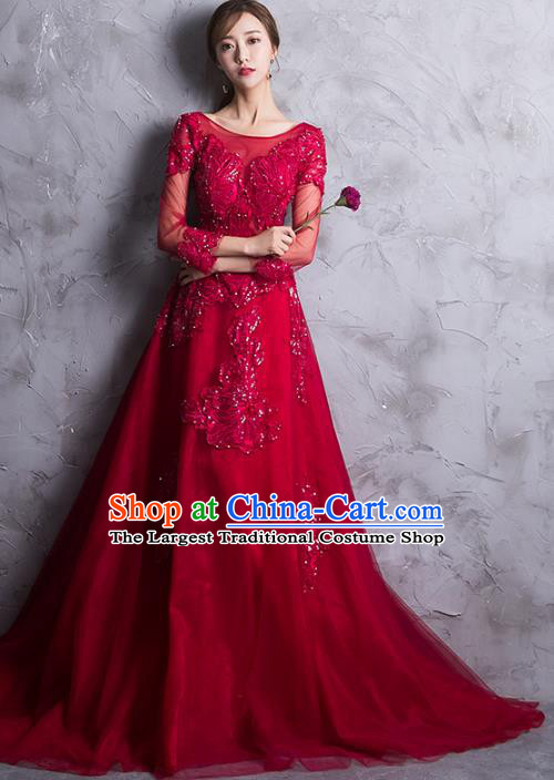 Professional Modern Dance Bride Red Trailing Full Dress Compere Stage Performance Costume for Women