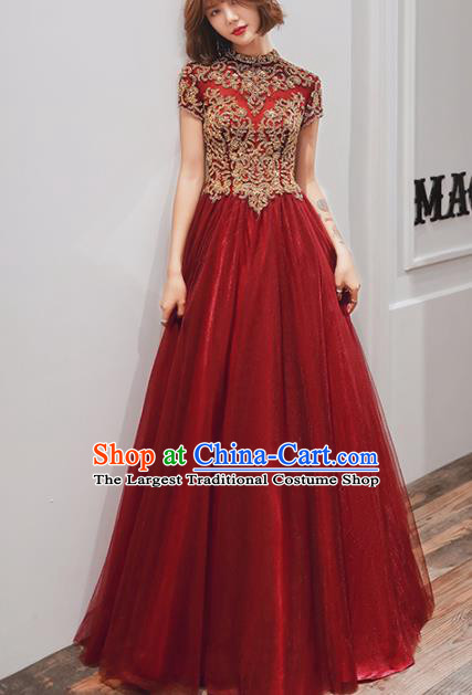 Professional Modern Dance Bride Embroidered Red Dress Compere Stage Performance Costume for Women