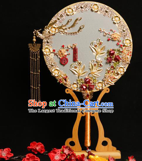 Chinese Traditional Hanfu Wedding Golden Phoenix Palace Fans Classical Round Fan for Women