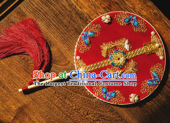 Chinese Traditional Hanfu Wedding Red Palace Fans Classical Round Fan for Women