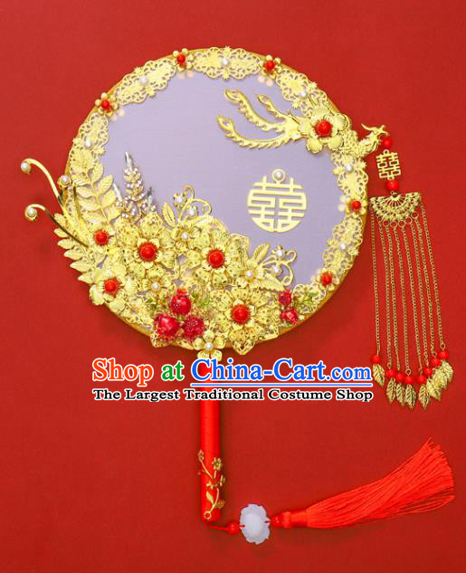 Chinese Traditional Hanfu Golden Phoenix Palace Fans Classical Wedding Round Fan for Women