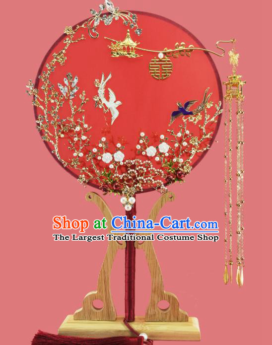 Chinese Traditional Hanfu Plum Red Palace Fans Classical Wedding Pomegranate Round Fan for Women