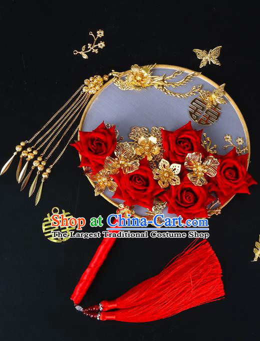 Chinese Traditional Handmade Hanfu Red Rose Palace Fans Classical Wedding Silk Round Fan for Women