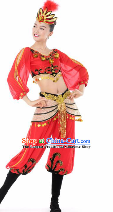 Chinese Uigurian Dance Red Clothing Traditional Uyghur Nationality Stage Performance Costume for Women