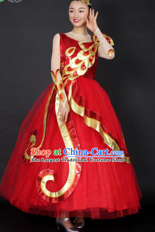 Professional Compere Modern Dance Red Dress Opening Dance Stage Performance Costume for Women