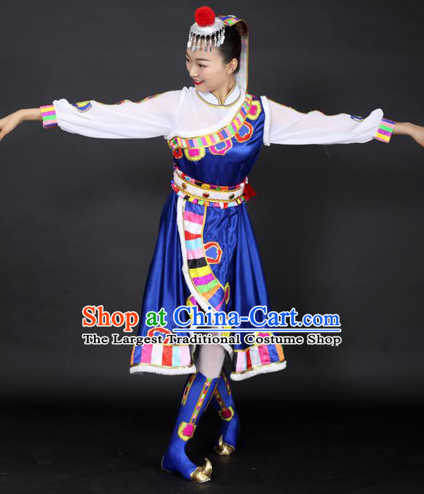 Chinese Tibetan Dance Royalblue Dress Traditional Zang Nationality Stage Performance Costume for Women