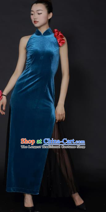 Chinese Classical Dance Blue Velvet Qipao Dress Traditional Fan Dance Stage Performance Costume for Women