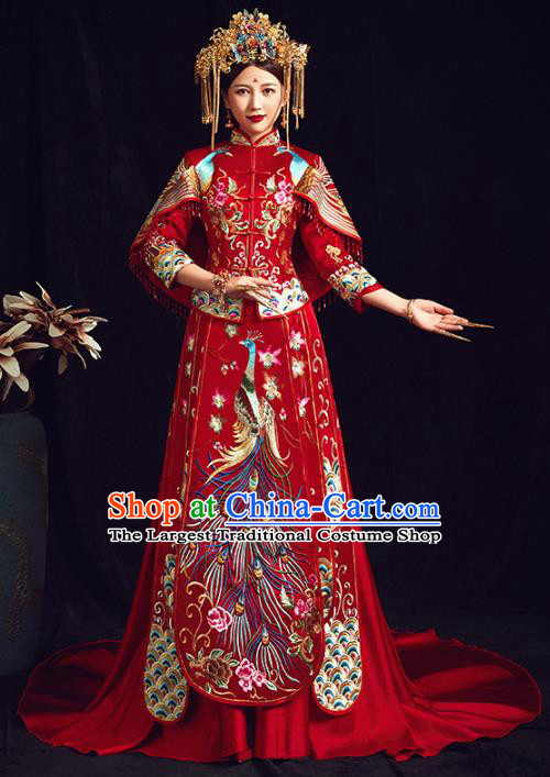 Chinese Traditional Bride Embroidered Phoenix Peony Red Xiuhe Suits Wedding Dress Ancient Costume for Women