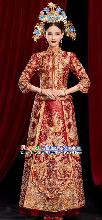 Chinese Traditional Embroidered Phoenix Red Xiuhe Suits Wedding Dress Ancient Bride Costume for Women