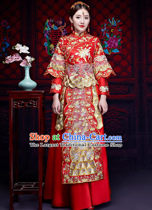 Chinese Ancient Wedding Embroidered Longfeng Flown Xiuhe Suits Traditional Bride Dress Costume for Women