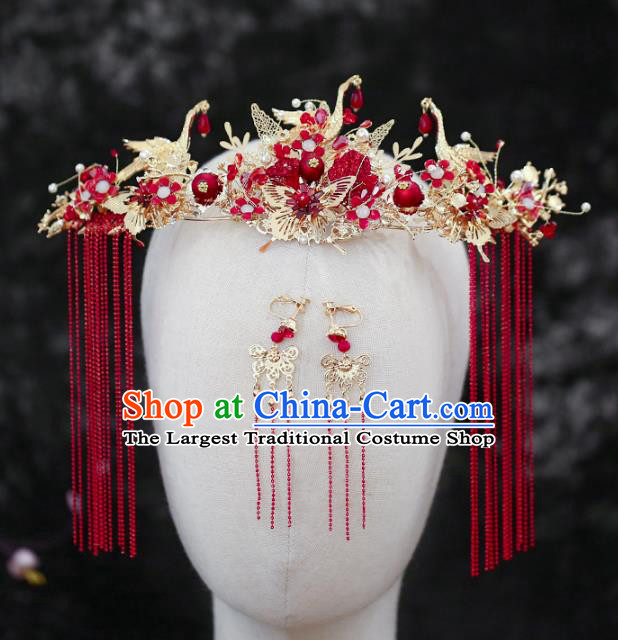 Chinese Traditional Wedding Red Tassel Crane Phoenix Coronet Hair Accessories for Women