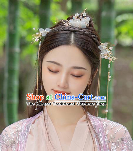 Chinese Traditional Hanfu White Flowers Hair Comb and Tassel Hairpin Ancient Hair Accessories for Women