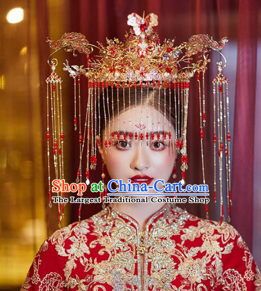 Chinese Traditional Wedding Bride Red Peacock Phoenix Coronet Tassel Hairpins Hair Accessories for Women