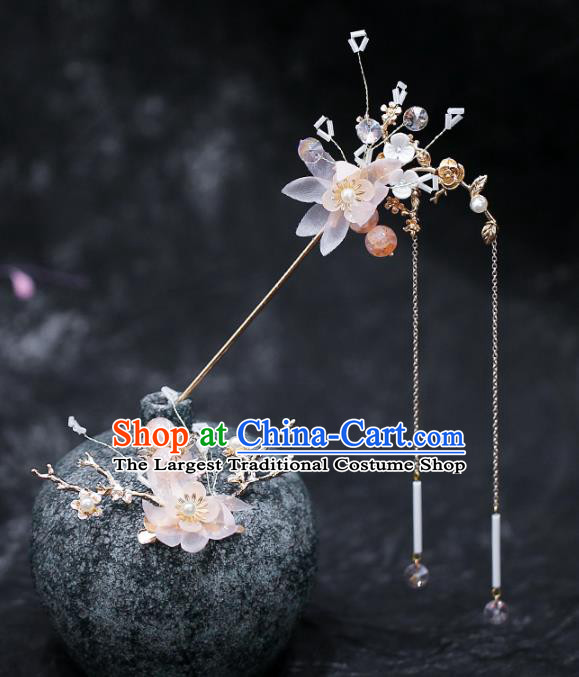 Chinese Traditional Hanfu Pink Silk Flower Tassel Hairpins Ancient Hair Accessories for Women