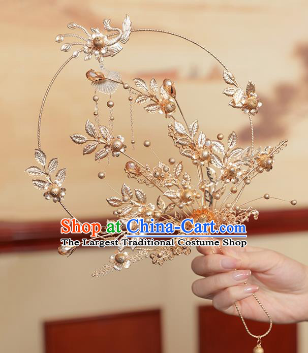 Chinese Traditional Golden Leaf Phoenix Palace Fans Handmade Classical Hanfu Wedding Fan for Women