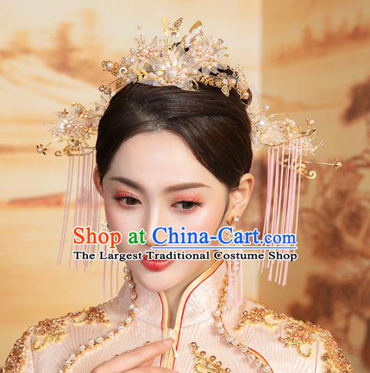 Chinese Traditional Hanfu Silk Flowers Hairpins and Hair Crown Hair Accessories Complete Set for Women