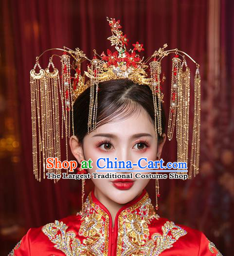 Chinese Traditional Hanfu Red Flowers Phoenix Coronet Hair Accessories for Women