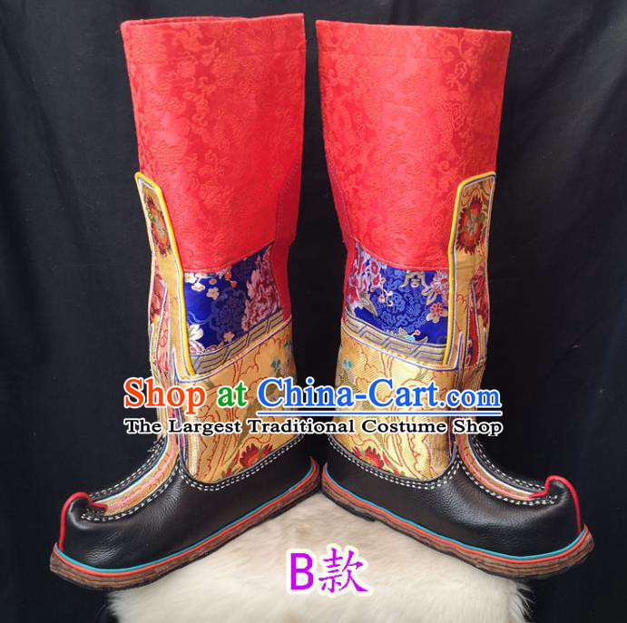 Handmade Chinese Zang Nationality Red Boots Traditional Tibetan Ethnic Shoes for Men