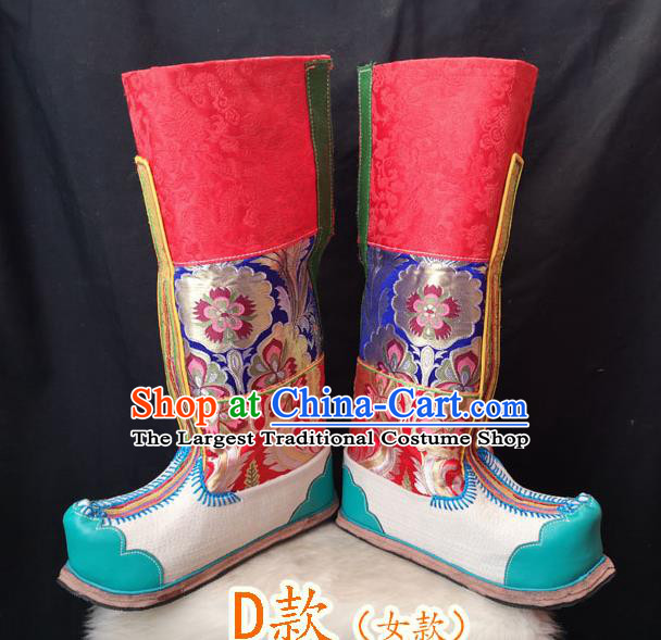 Handmade Chinese Zang Nationality Green Leather Boots Traditional Tibetan Ethnic Shoes for Women