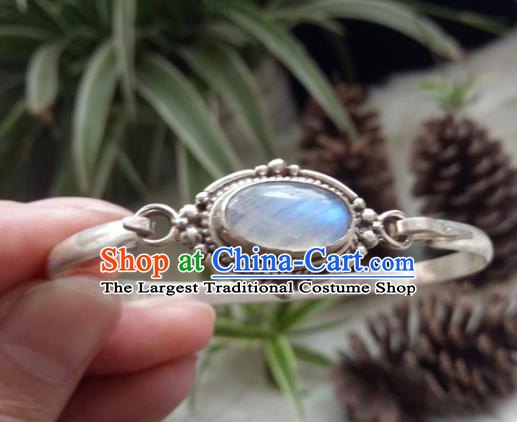 Chinese Zang Nationality Moonstone Silver Bracelet Handmade Traditional Tibetan Ethnic Jewelry Accessories for Women