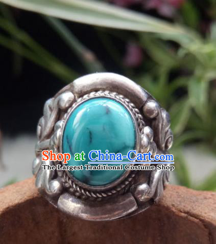 Chinese Zang Nationality Silver Kallaite Rings Handmade Traditional Tibetan Ethnic Jewelry Accessories for Women