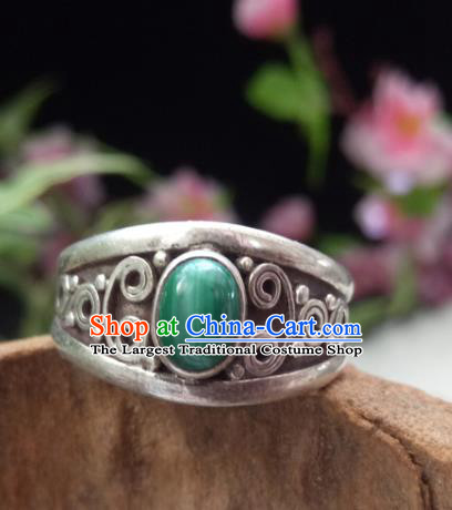 Chinese Zang Nationality Silver Malachite Rings Handmade Traditional Tibetan Ethnic Jewelry Accessories for Women