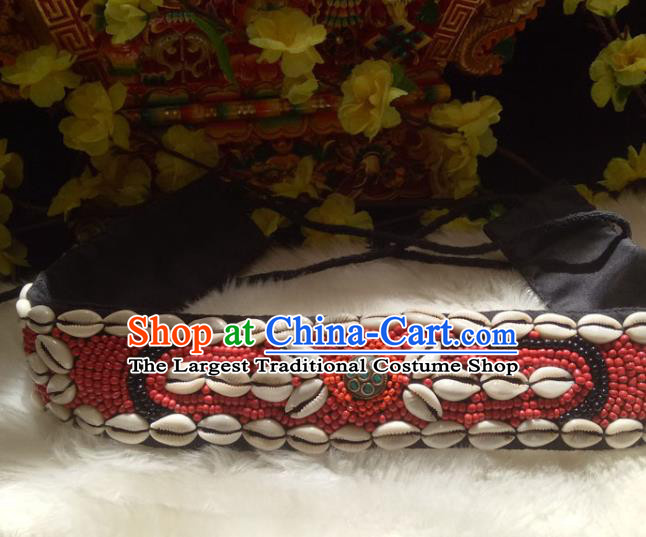 Chinese Zang Nationality Shell Red Beads Belts Handmade Traditional Tibetan Ethnic Waistband Accessories for Women